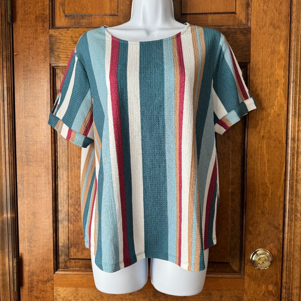 Preswick & Moore Striped Pullover Top w/Short Sleeves Petite Large